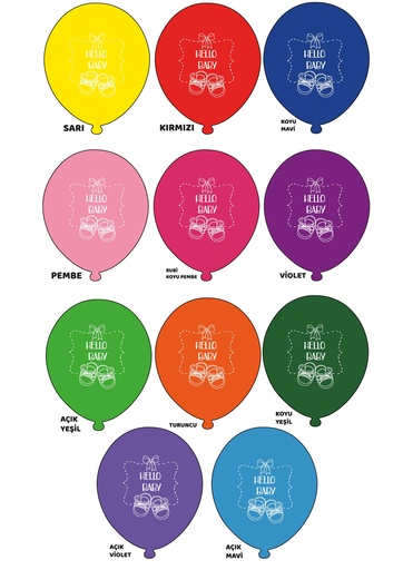 12" Hello Baby Karışık Renk  1+1 - 100 Adet